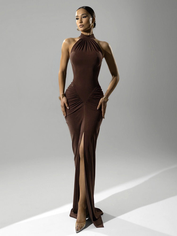 Elegant Ruched Halter Maxi Dress - HalleBeauty